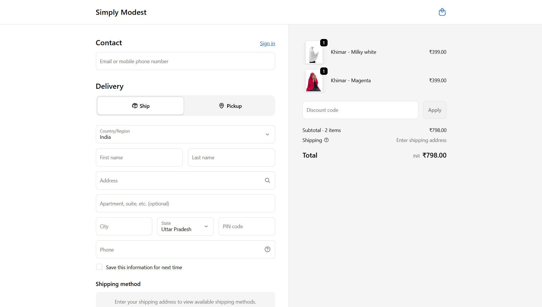 Simply Modest mobile responsive Shopify store